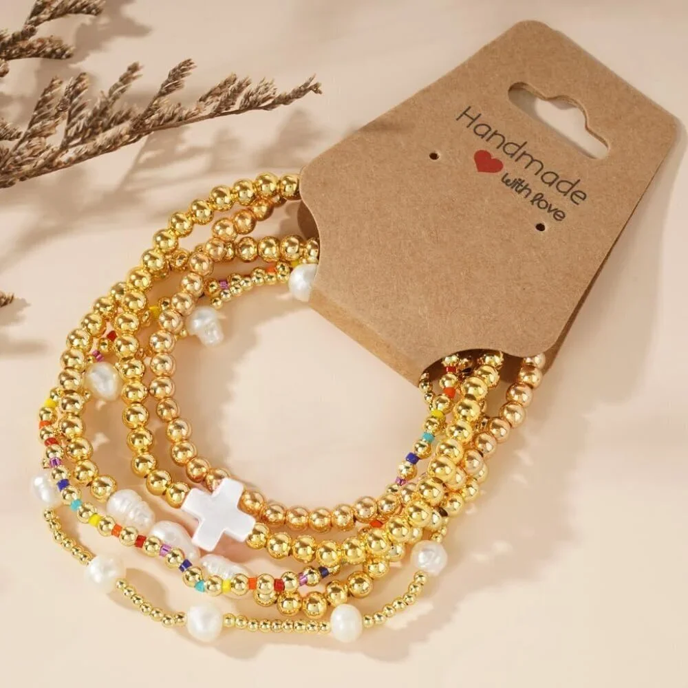 14K Gold Pearl Beaded Cross Bracelets Set for Women Boho Colorful Christian Jewe - Picture 3 of 6
